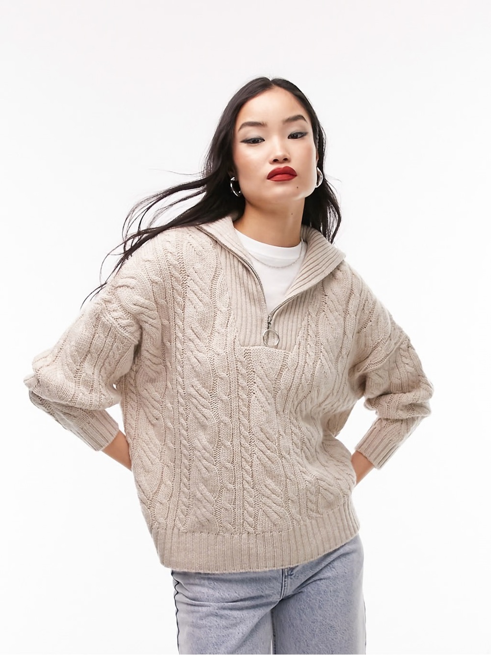 Topshop Zip Collar Sweater in Oat, US 8–10 (Medium)